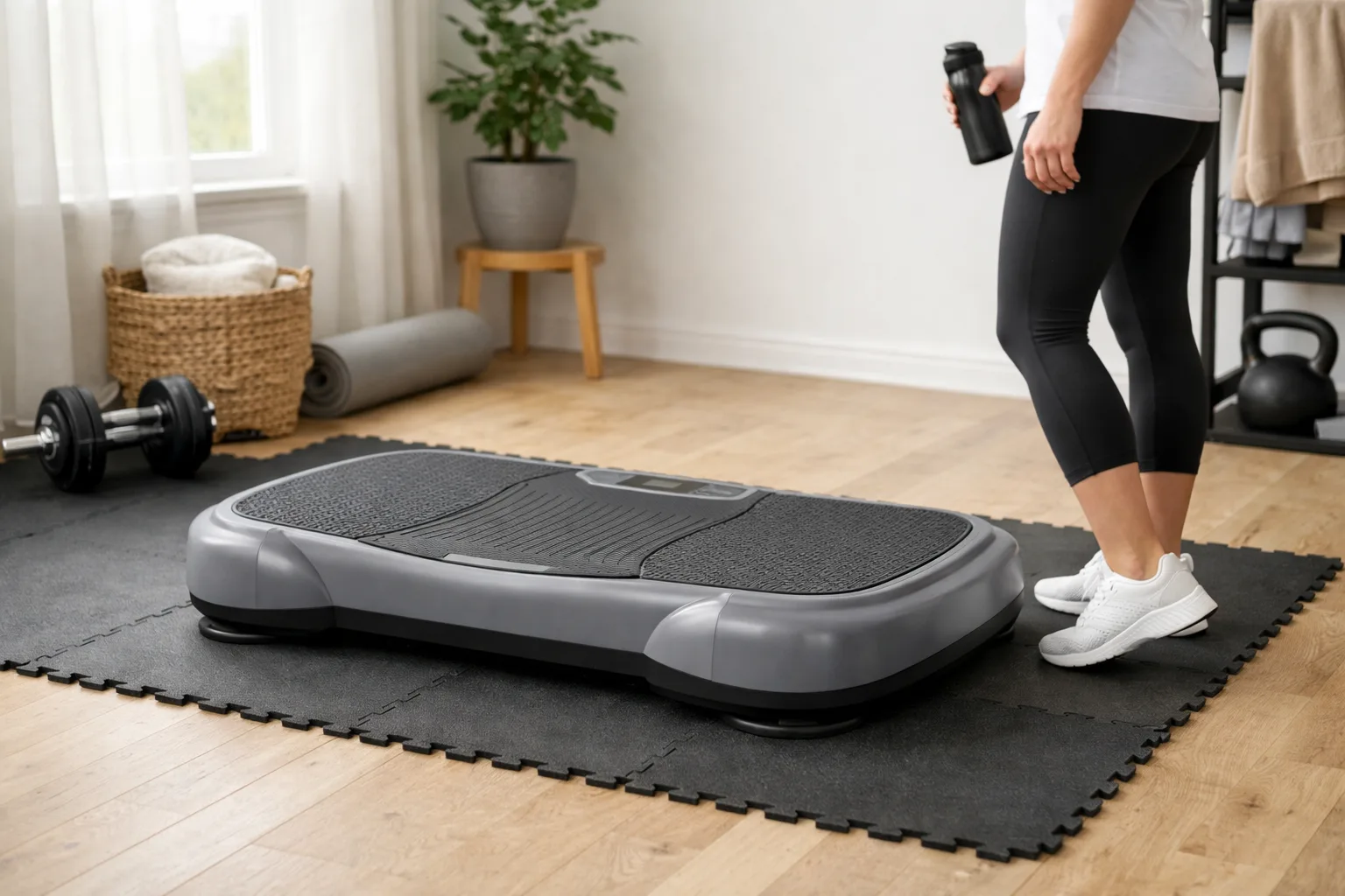 Stor vibrationsplatta med bred yta på ett hemmagymgolv.