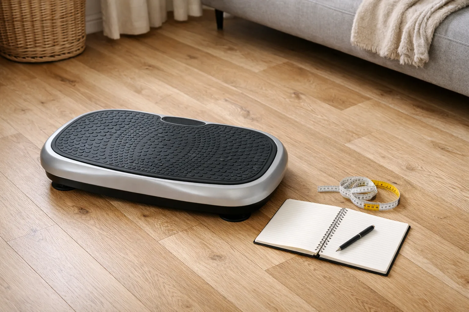 Vibrationsplatta med anteckningsbok och måttband.