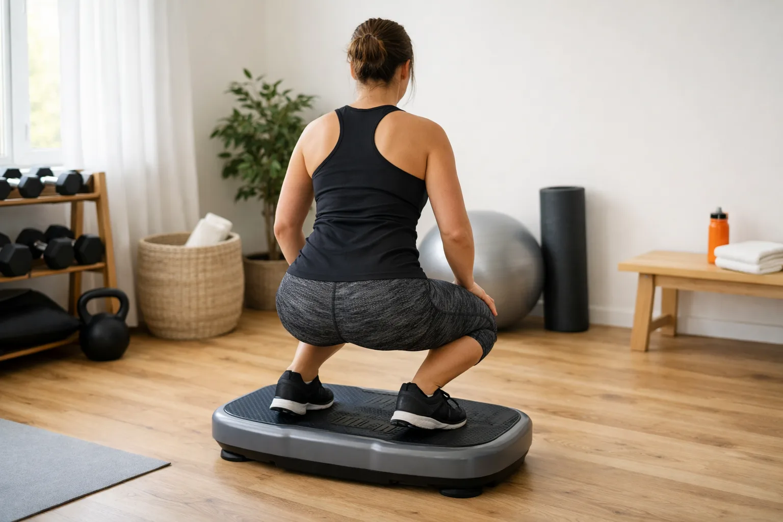 Person bakifrån står på en vibrationsplatta.