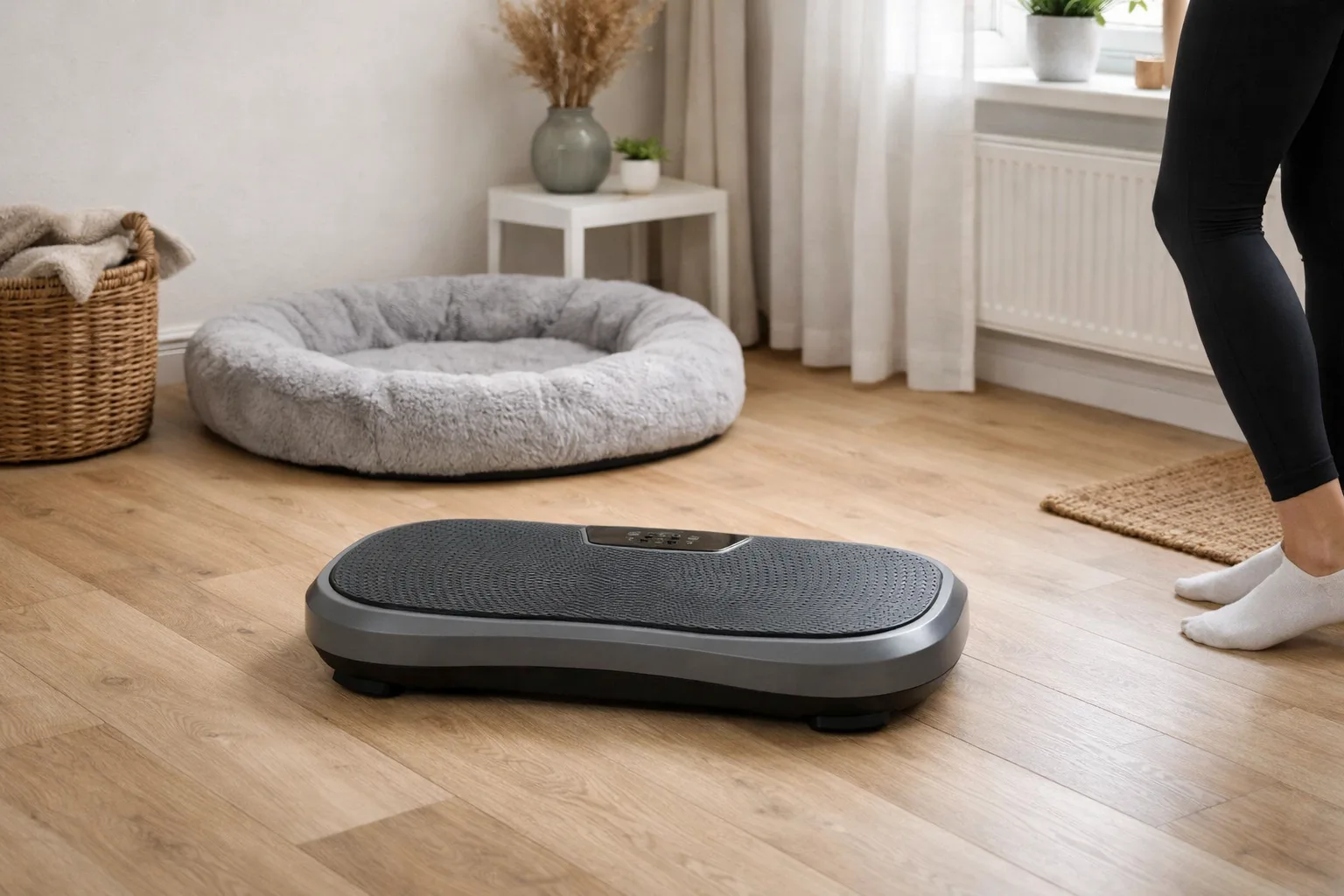 Vibrationsplatta och en hundbädd i ett hem.