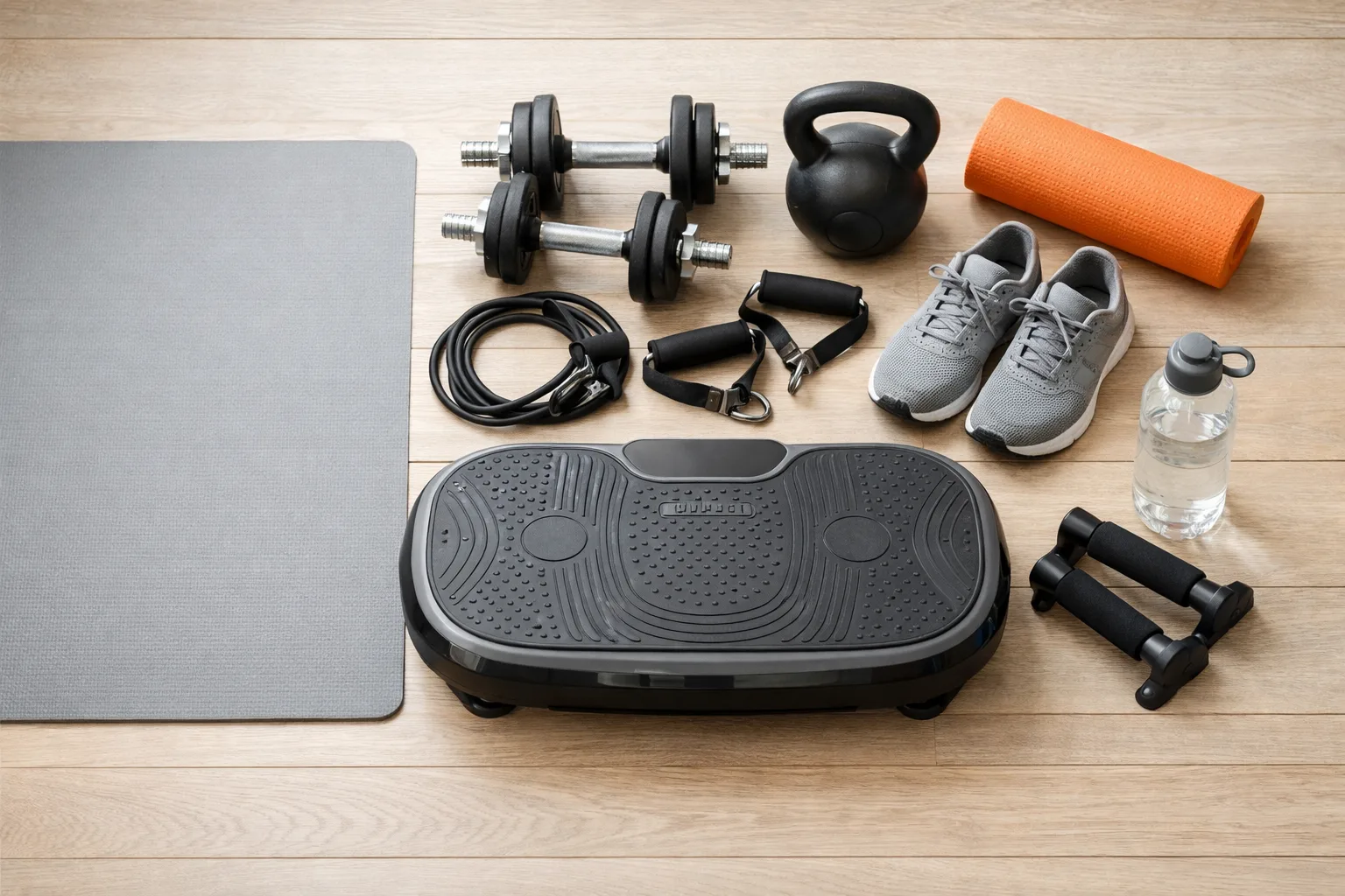 Vibrationsplatta, yogamatta och vattenflaska på ett golv.